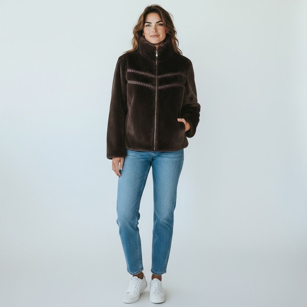 Cozy Cathrine Malandrino Dark Deep Purple Gray Faux Fur Jacket